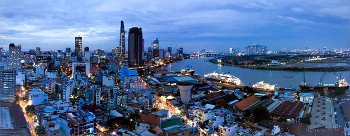 Panoramic view of city at night