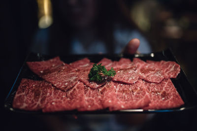 Midsection of woman holding meat in tray