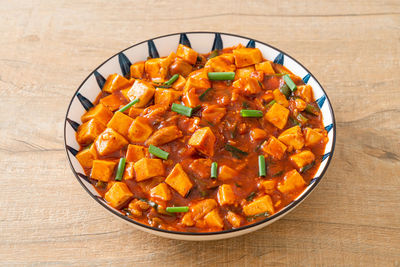 High angle view of food in bowl on table