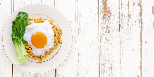 High angle view of breakfast served on table