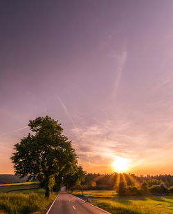 Road amidst trees against sky during sunset