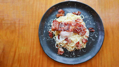 High angle view of food in plate on table