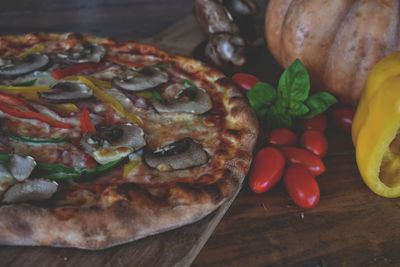 High angle view of pizza on table