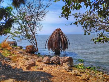 Scenic view of rocks by sea against sky