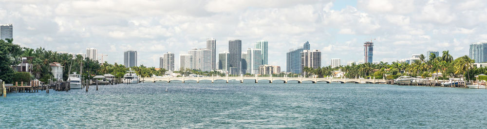 Panoramic view of city by sea against sky