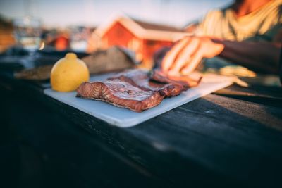 Close-up of meat on barbecue grill