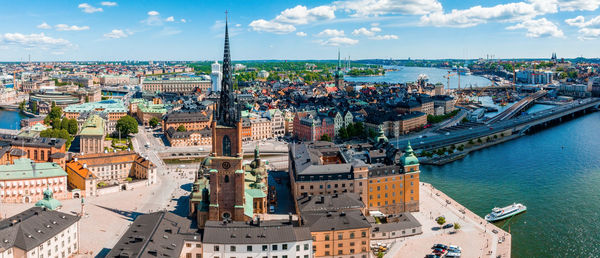Aerial panorama on the tower city hall to gamla stan old town in stockholm