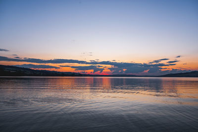 Scenic view of lake against sky during sunset