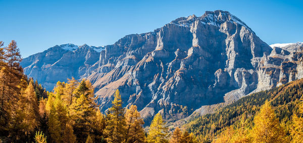 Scenic view of snowcapped mountains against clear sky