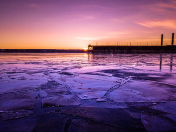 Scenic view of frozen sea against sky during sunset