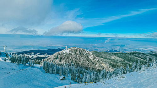 Panoramic view of snowcapped mountains against sky