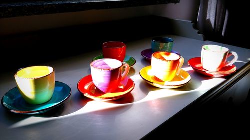 High angle view of wineglasses on table