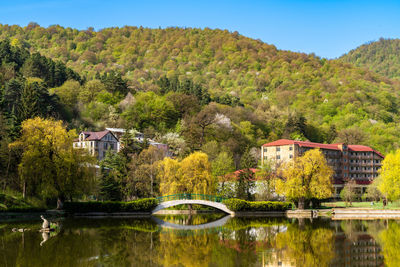 Scenic view of lake by trees against sky