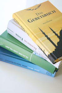 High angle view of books on table