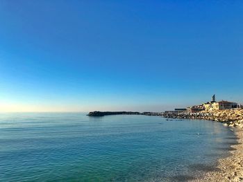 Scenic view of sea against clear blue sky