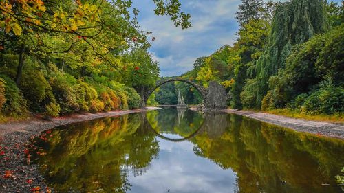 Reflection of trees in lake against sky