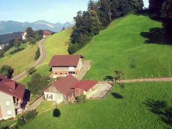Scenic view of village in field