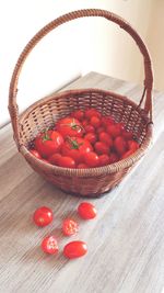 High angle view of strawberries in basket on table