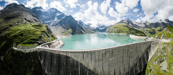 Aerial image of kaprun high mountain reservoirs and dam wall, salzburg, austria