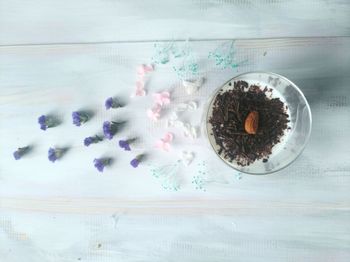 High angle view of cupcakes on table