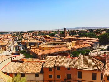 High angle view of townscape against clear sky