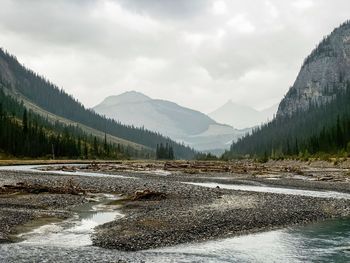 Scenic view of river amidst mountains against sky