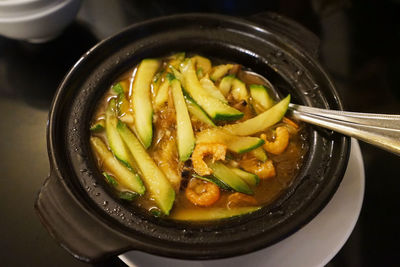 Close up hot pot of zucchini soup with shrimp- chinese food