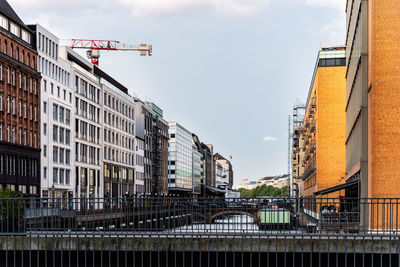 Cityscape of hamburg in alsterfleet canal at evening, germany