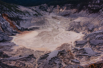 The view from the high angle of tangkuban perahu volcanic mountain