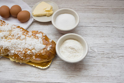 High angle view of breakfast on table