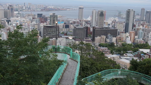 High angle view of modern buildings in city