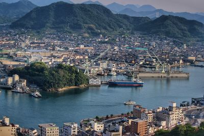 High angle view of city at waterfront