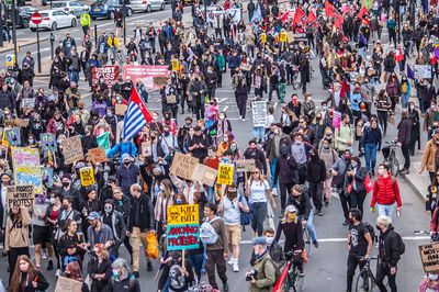 High angle view of people on city street