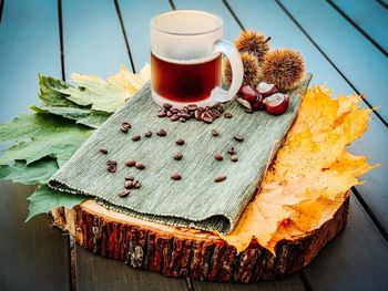 High angle view of coffee cup on table