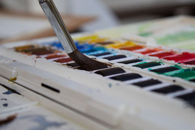 Close-up of paintbrushes on color palette