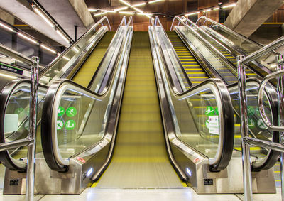 Empty escalators in illuminated building