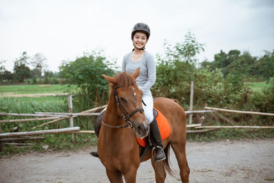 Portrait of horse standing on field