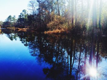 Reflection of trees in water against sky