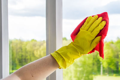 Window cleaning. a young woman sprays a cleaner on glass. housework concept.