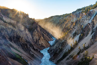 Scenic view of river amidst mountains against sky