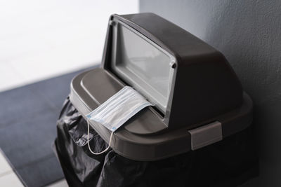 High angle view of laptop on wall at home