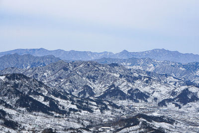 Aerial view of snowcapped mountains against sky