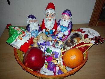 High angle view of christmas decorations on table