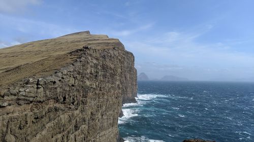 Scenic view of rock formation in sea against sky