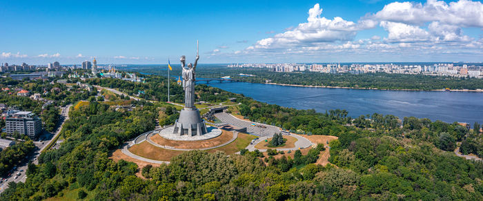 Aerial view of the mother motherland monument in kiev.