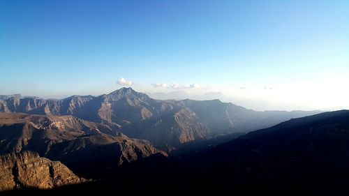 Scenic view of mountains against clear blue sky