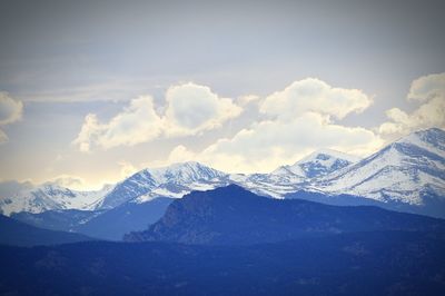 Scenic view of snow covered mountains against sky