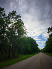 Empty road along trees and plants against sky