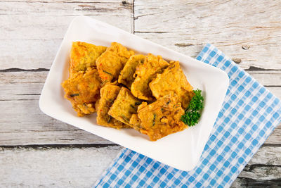 High angle view of food in plate on table