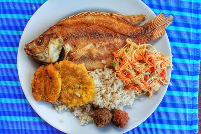 Directly above shot of food in plate on blue place mat